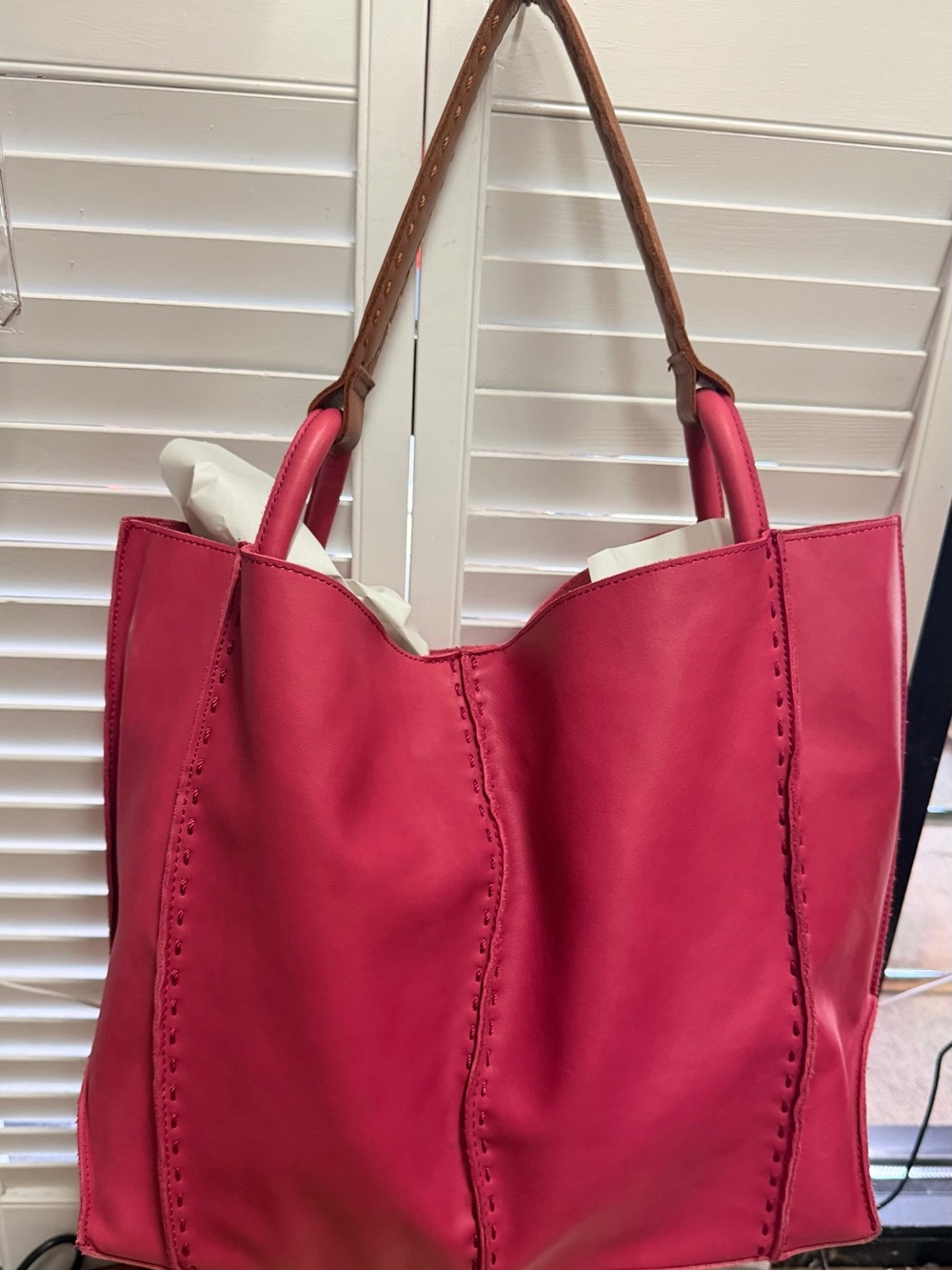 The Sak Pink Leather Tote with Tan Shoulder Straps